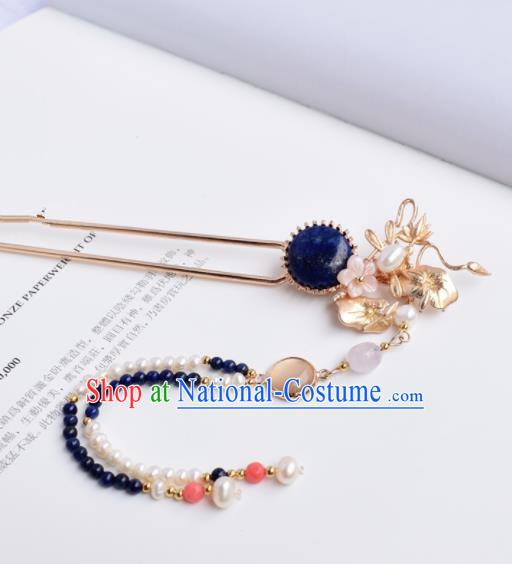 Chinese Ancient Princess Palace Pearls Tassel Blue Stone Hairpins Traditional Handmade Hanfu Hair Accessories for Women