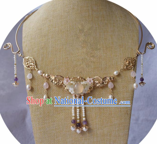 Handmade Chinese Hanfu Pearls Tassel Jade Necklace Traditional Ancient Princess Necklet Accessories for Women