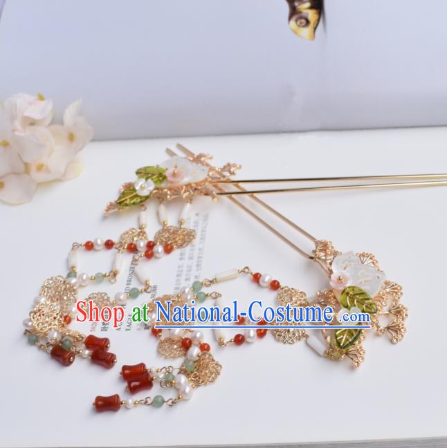 Chinese Ancient Princess Palace Shell Agate Tassel Hairpins Traditional Handmade Hanfu Hair Accessories for Women