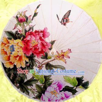 Handmade Chinese Traditional Umbrellas Ancient Printing Peony White Oiled Paper Umbrella