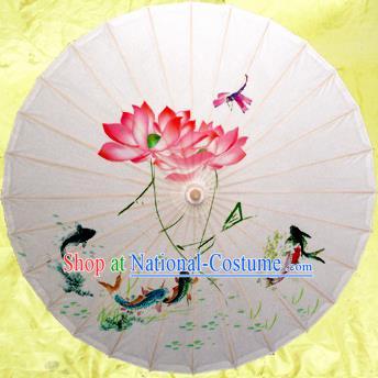 Handmade Chinese Traditional Printing Lotus White Umbrellas Ancient Oiled Paper Umbrella