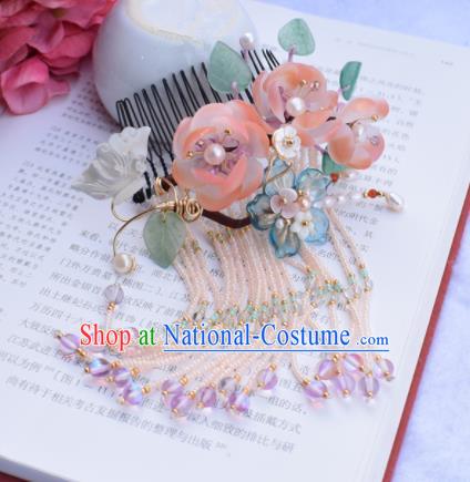 Chinese Ancient Princess Palace Pink Flowers Hair Combs Hairpins Traditional Handmade Hanfu Hair Accessories for Women