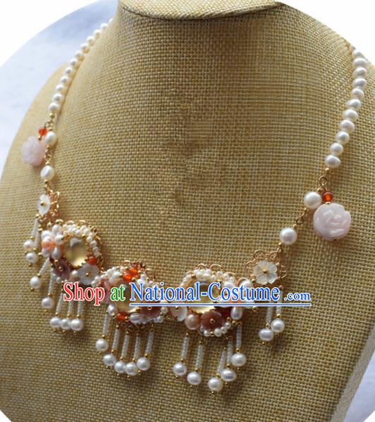 Handmade Chinese Hanfu Opal Pearls Tassel Necklace Traditional Ancient Princess Necklet Accessories for Women