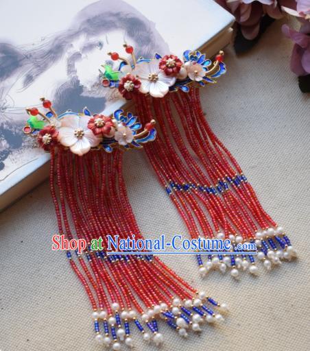 Chinese Ancient Princess Cloisonne Red Tassel Hairpins Traditional Handmade Hanfu Hair Accessories for Women