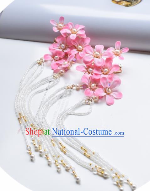 Chinese Ancient Princess Palace Pink Flowers Tassel Hair Claw Hairpins Traditional Handmade Hanfu Hair Accessories for Women