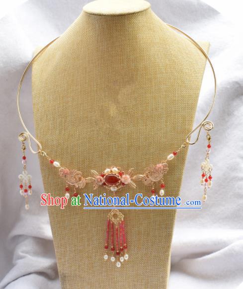 Handmade Chinese Hanfu Red Agate Tassel Necklace Traditional Ancient Princess Necklet Accessories for Women