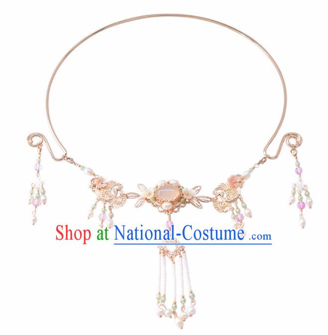 Handmade Chinese Hanfu Rose Chalcedony Tassel Necklace Traditional Ancient Princess Necklet Accessories for Women