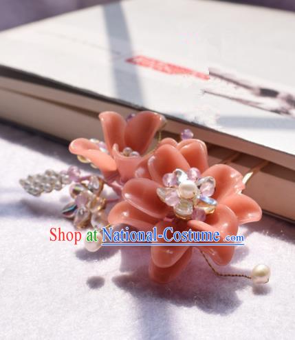 Chinese Ancient Palace Pink Flowers Hair Clip Princess Hairpins Traditional Handmade Hanfu Hair Accessories for Women