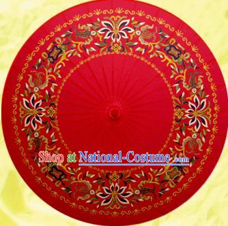 Chinese Ancient Red Oiled Paper Umbrella Traditional Handmade Printing Lotus Umbrellas