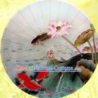 Chinese Ancient Oiled Paper Umbrella Traditional Handmade Printing Carp Lotus Umbrellas