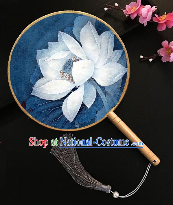 Chinese Handmade Classical Palace Fans Printing Lotus Blue Silk Round Fan for Women