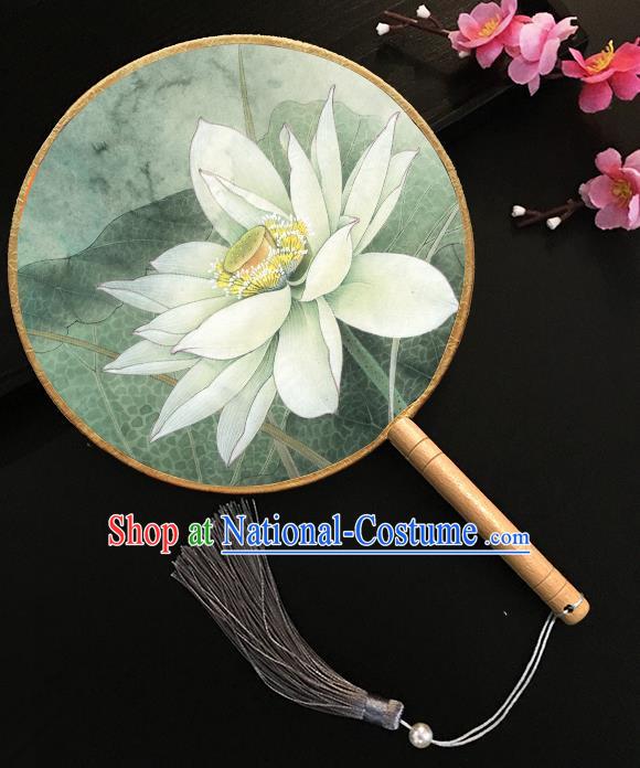 Chinese Handmade Classical Palace Fans Printing Lotus Green Silk Round Fan for Women