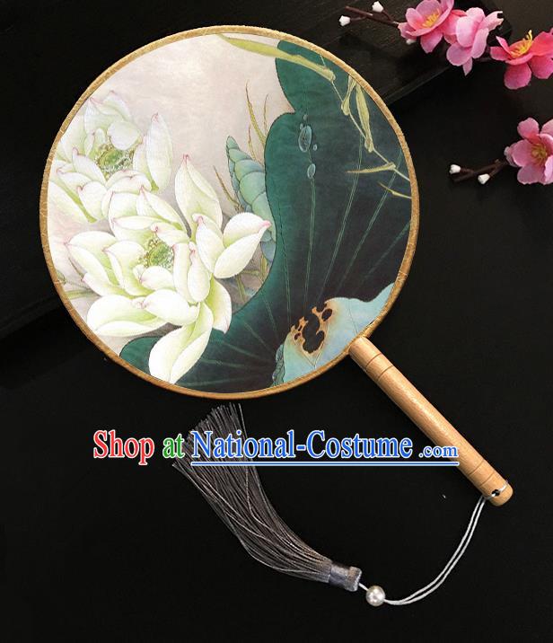 Chinese Handmade Classical Palace Fans Painting Lotus Silk Round Fan for Women