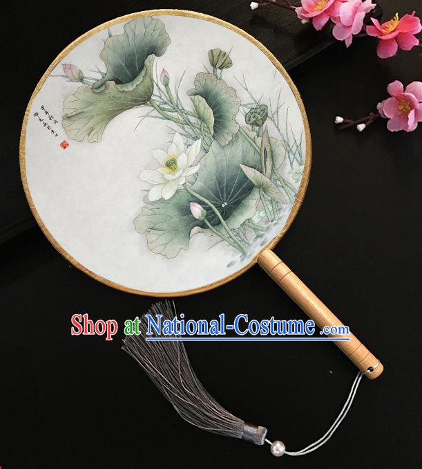 Chinese Handmade Classical Palace Fans Printing Lotus Silk Round Fan for Women