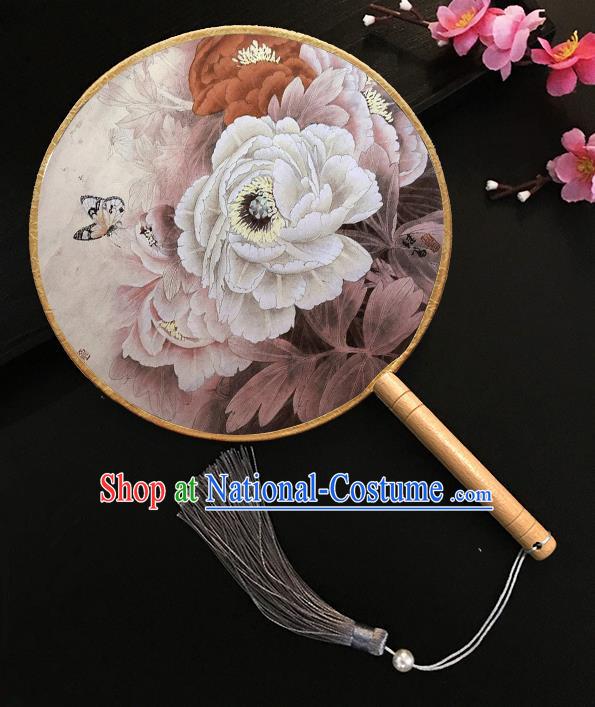 Chinese Handmade Classical Palace Fans Printing Peony Butterfly Silk Round Fan for Women