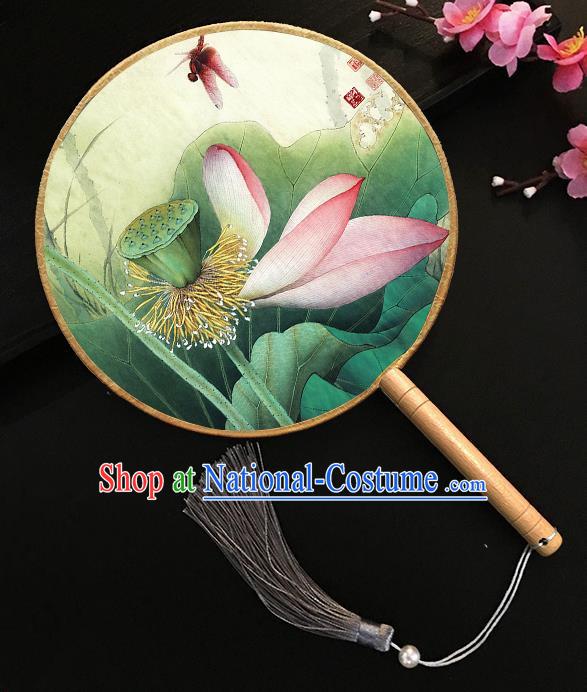 Chinese Handmade Classical Palace Fans Printing Lotus Dragonfly Silk Round Fan for Women