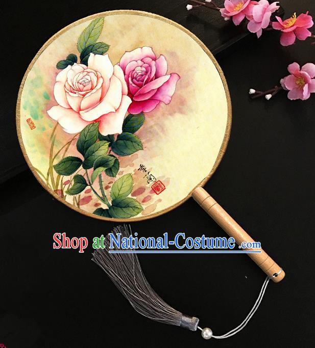 Chinese Handmade Classical Palace Fans Ink Painting Roses Silk Round Fan for Women