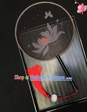 Chinese Handmade Classical Palace Fans Traditional Embroidered Lotus Black Silk Round Fan for Women