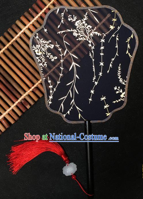 Chinese Handmade Classical Palace Fans Traditional Gilding Willow Black Silk Fan for Women