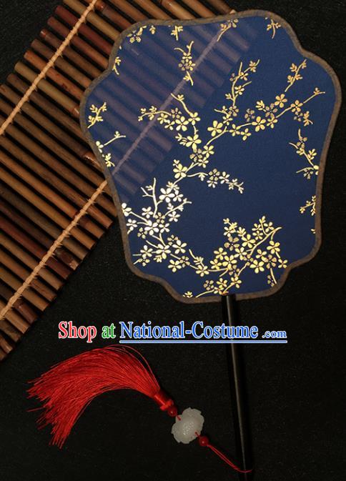 Chinese Handmade Classical Palace Fans Traditional Gilding Plum Blossom Blue Silk Fan for Women