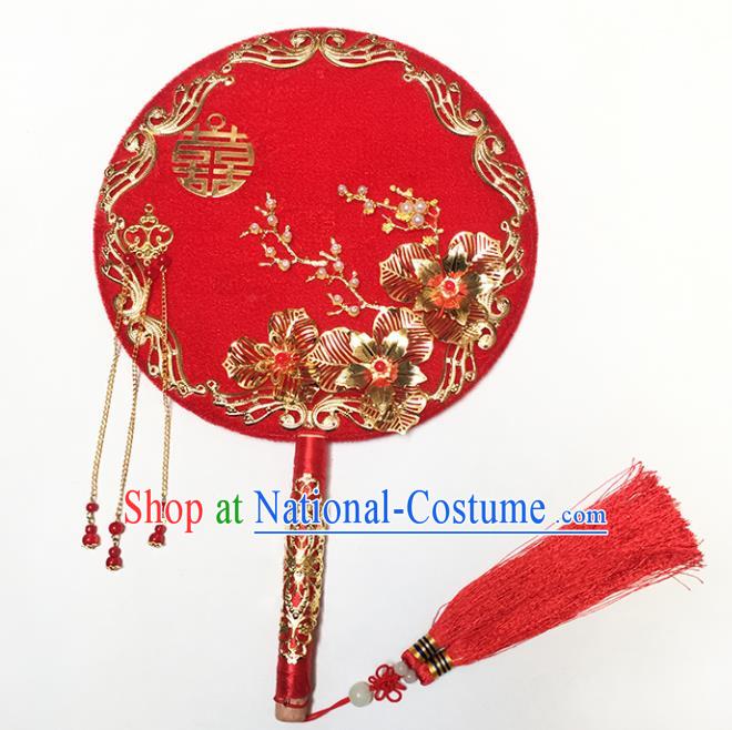 Chinese Handmade Classical Palace Fans Traditional Wedding Bride Red Round Fan for Women