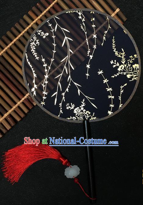 Chinese Handmade Classical Palace Fans Traditional Gilding Willow Black Silk Round Fan for Women