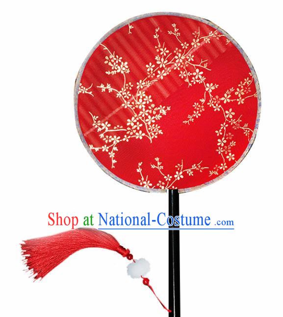 Chinese Handmade Classical Palace Fans Traditional Gilding Plum Blossom Red Silk Round Fan for Women