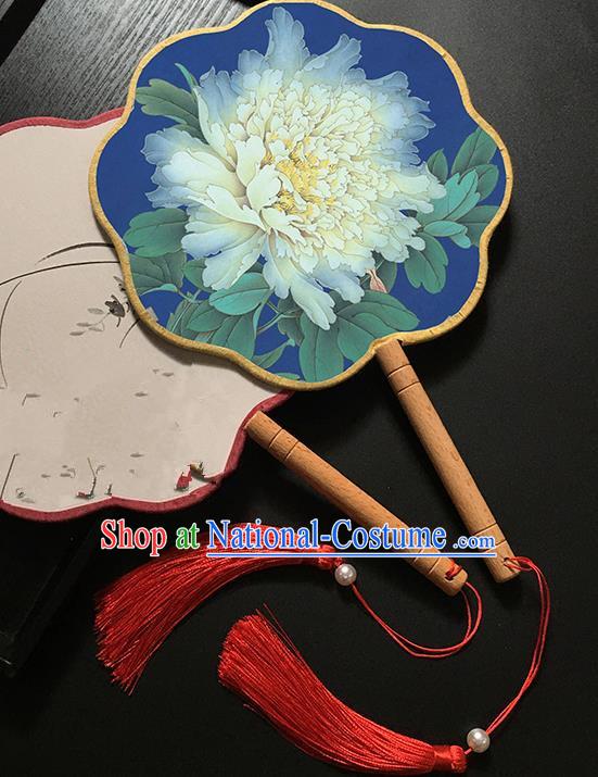 Chinese Handmade Classical Palace Fans Traditional Printing Peony Blue Hanfu Fan for Women