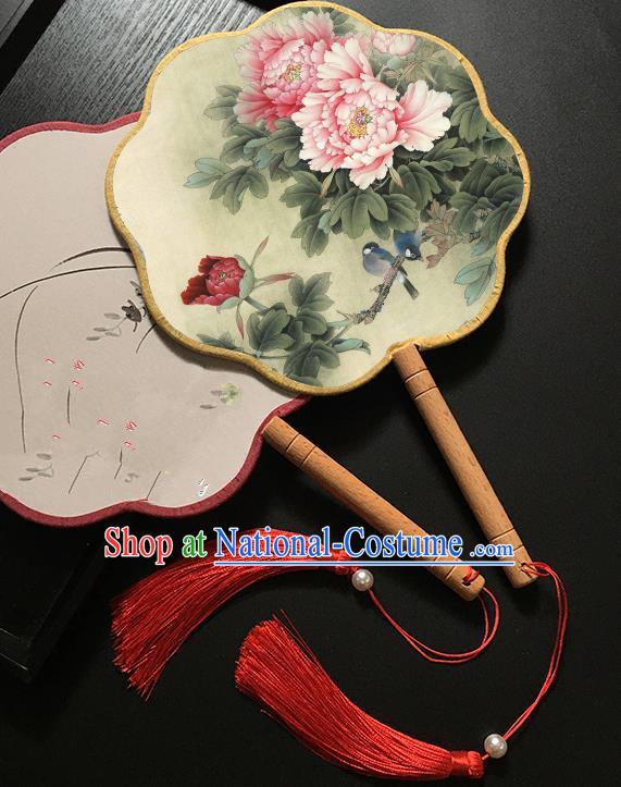 Chinese Handmade Classical Palace Fans Traditional Printing Peony Flowers Hanfu Fan for Women