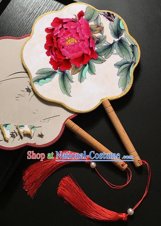 Chinese Handmade Classical Palace Fans Traditional Printing Red Peony Hanfu Fan for Women