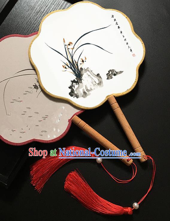 Chinese Handmade Classical Palace Fans Traditional Ink Painting Orchid Hanfu Fan for Women