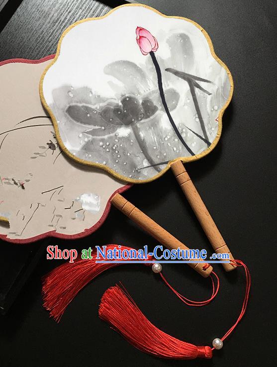 Chinese Handmade Classical Palace Fans Traditional Ink Painting Lotus Bud Hanfu Fan for Women