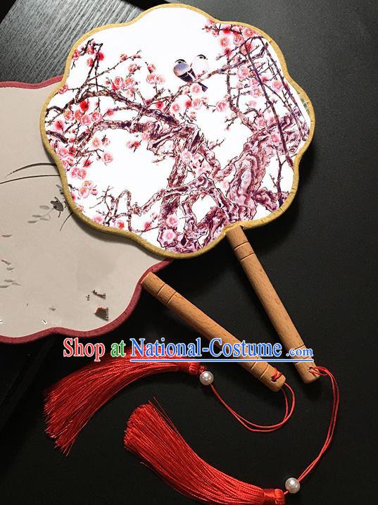 Chinese Handmade Classical Palace Fans Traditional Printing Plum Blossom Birds Hanfu Fan for Women