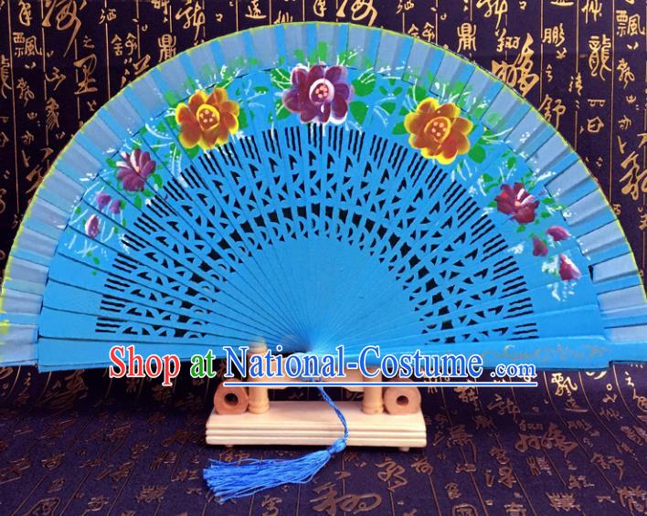 Chinese Handmade Classical Folding Fans Blue Wood Hollow Out Accordion Fan for Women