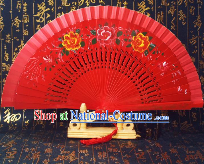 Chinese Handmade Classical Folding Fans Red Wood Hollow Out Accordion Fan for Women