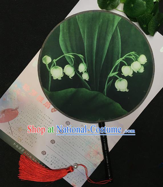 Chinese Handmade Classical Palace Fans Traditional Printing Convallaria Majalis Green Round Fan for Women