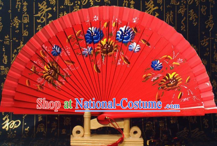 Chinese Handmade Classical Folding Fans Printing Rose Red Wood Accordion Fan for Women