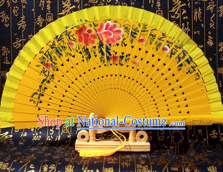 Chinese Handmade Classical Folding Fans Printing Flowers Yellow Wood Accordion Fan for Women