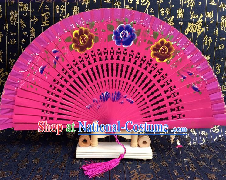 Chinese Handmade Classical Folding Fans Printing Flowers Rosy Wood Accordion Fan for Women