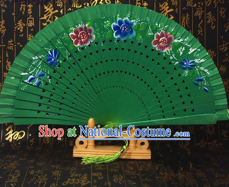 Chinese Handmade Classical Folding Fans Printing Flowers Green Wood Accordion Fan for Women