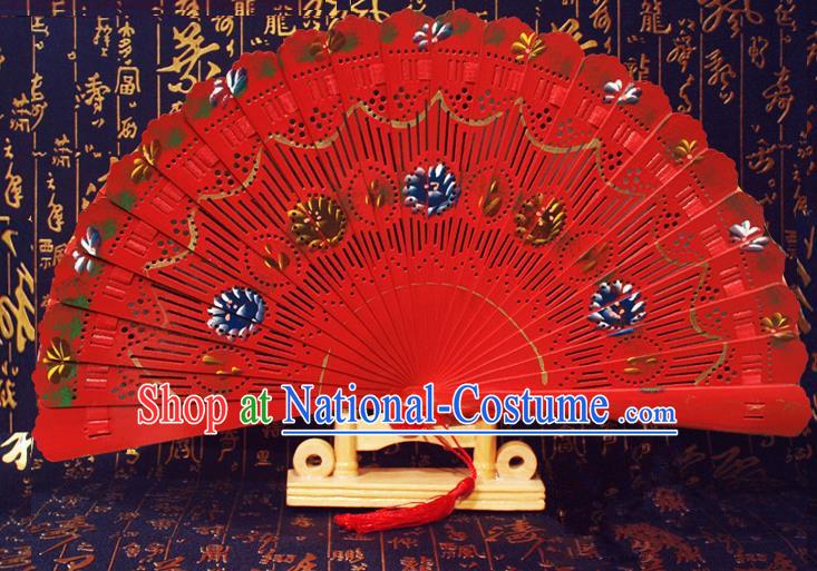 Chinese Handmade Classical Folding Fans Printing Wood Red Accordion Fan for Women