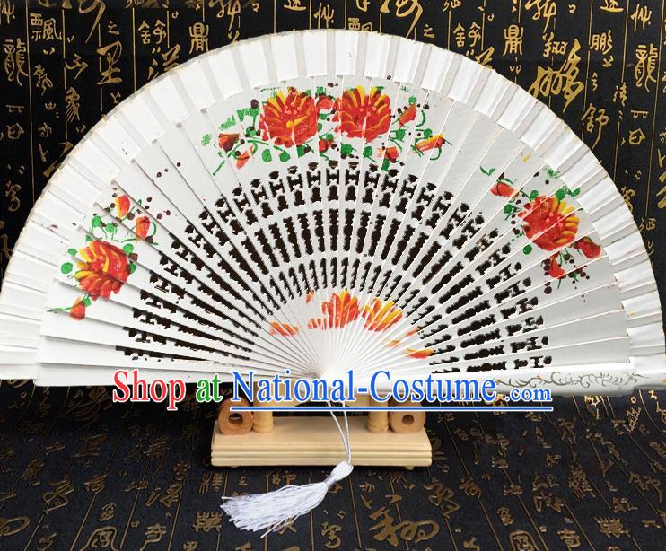 Chinese Handmade Classical Folding Fans Printing Flowers White Wood Accordion Fan for Women