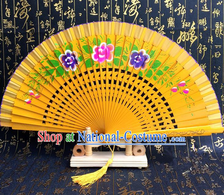 Chinese Handmade Classical Folding Fans Printing Wood Yellow Accordion Fan for Women