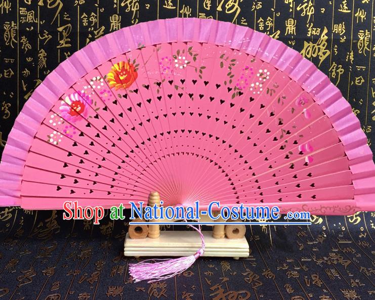 Chinese Handmade Classical Folding Fans Printing Wood Pink Accordion Fan for Women