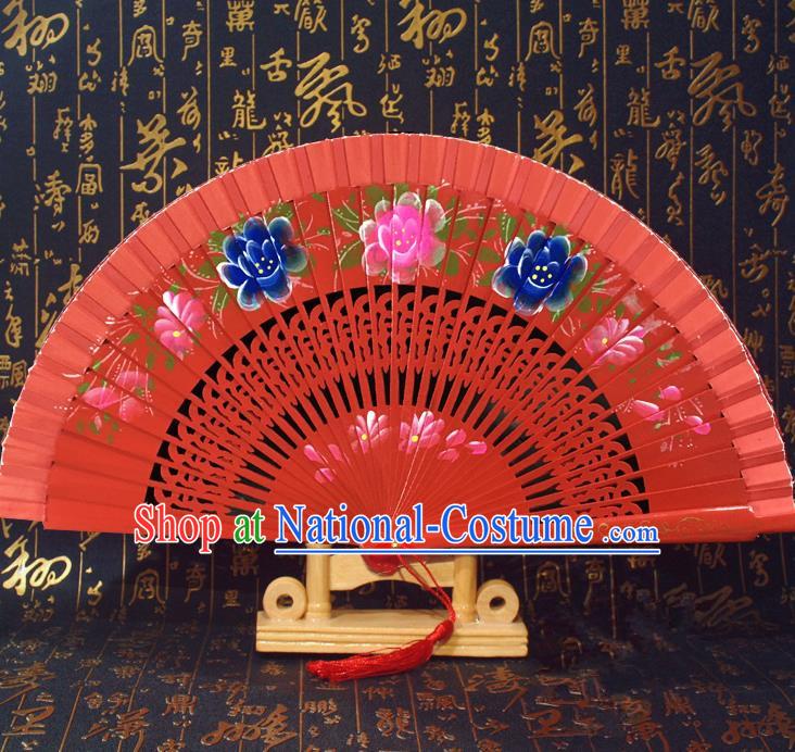 Chinese Handmade Classical Folding Fans Printing Flowers Wood Red Accordion Fan for Women