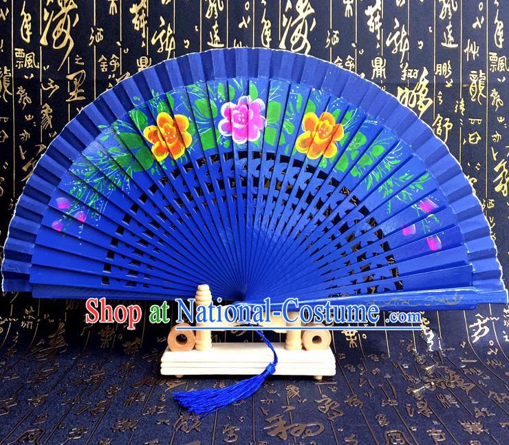 Chinese Handmade Classical Folding Fans Printing Flowers Wood Royalblue Accordion Fan for Women