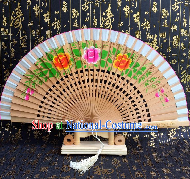 Chinese Handmade Classical Folding Fans Printing Flowers Wood Accordion Fan for Women