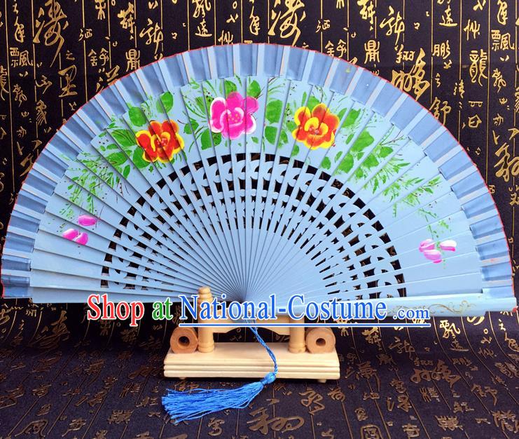 Chinese Handmade Classical Folding Fans Printing Flowers Wood Blue Accordion Fan for Women