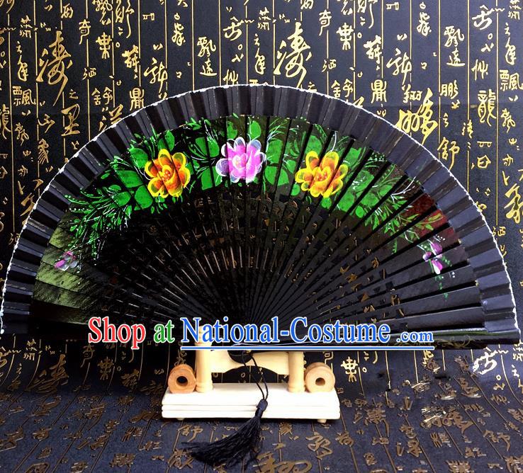 Chinese Handmade Classical Folding Fans Printing Flowers Wood Black Accordion Fan for Women