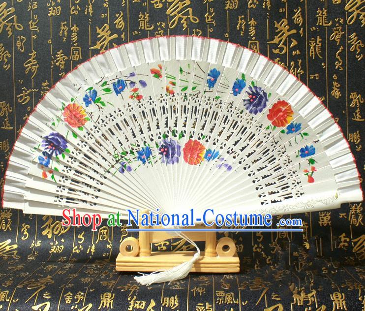 Chinese Handmade Classical Folding Fans Printing Flowers Wood White Silk Accordion Fan for Women